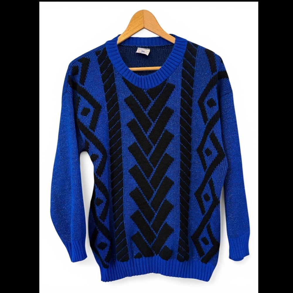 Wms L Blue/Black Continental Knits Ltd Vintage Retro Abstract Metallic Sweater